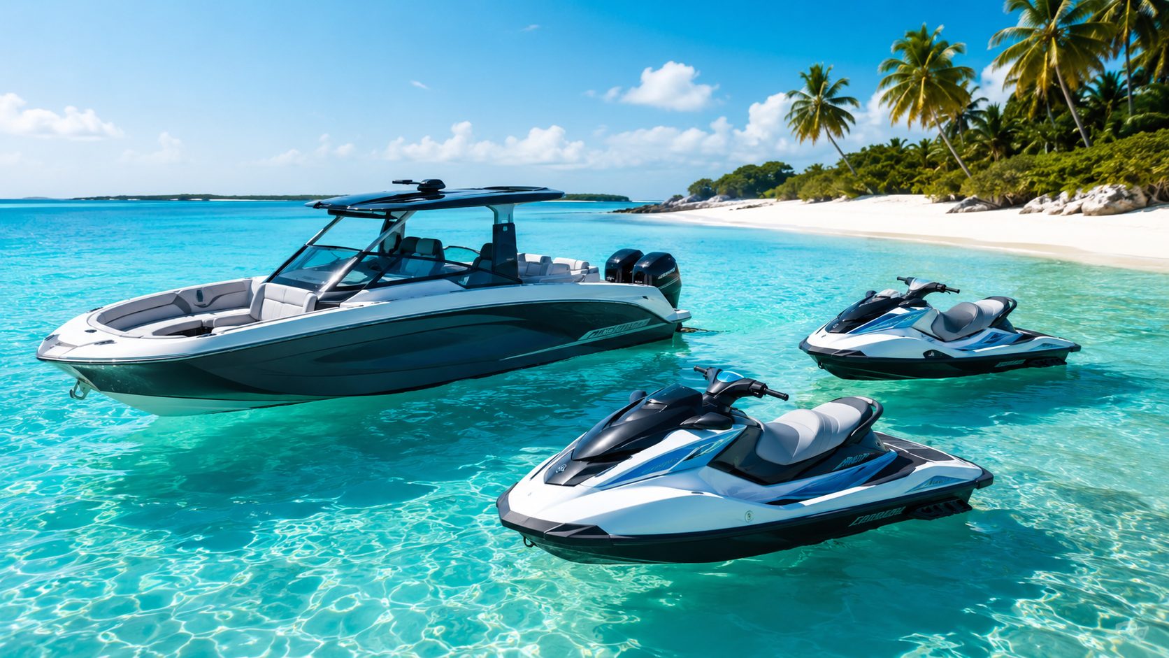 Boat and jet skis in clear blue water