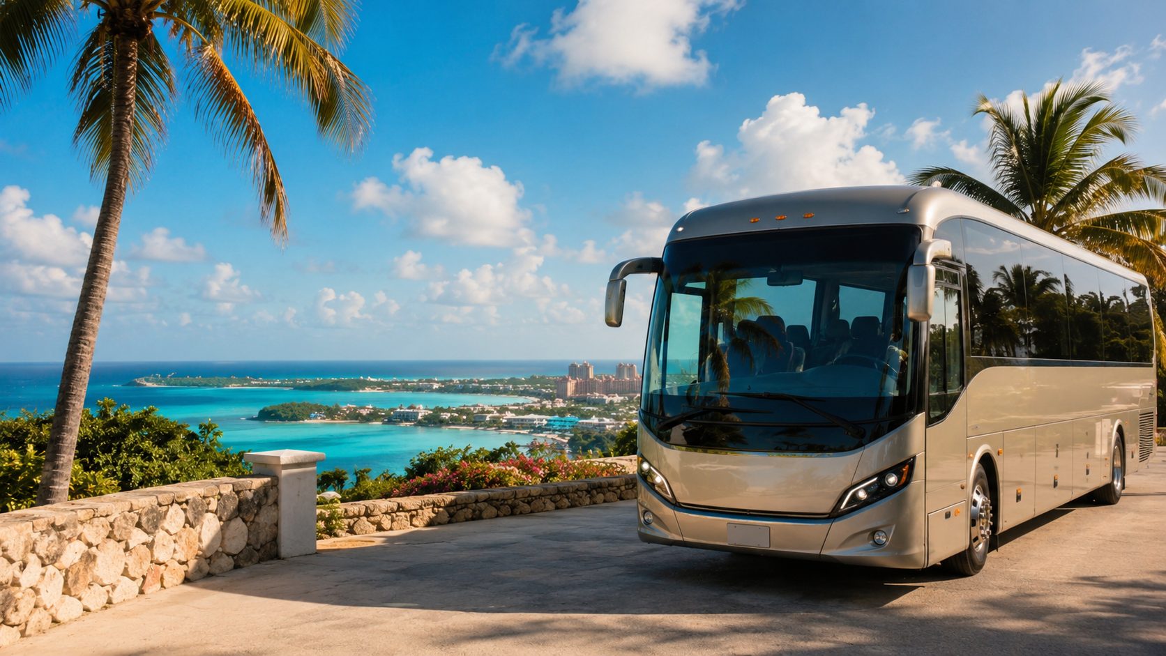 Tour bus overlooking tropical ocean
